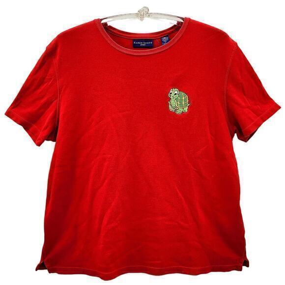 Karen Scott Sport Vintage Red Embroidered Happy Turtle‎ T Shirt - Picture 1 of 10